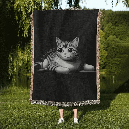 Three-Eyed Cat Enigma: A Mystical Japanese Marvel Woven Blankets