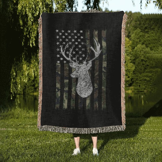 Whitetail Buck Deer Hunting American Camouflage Woven Blankets