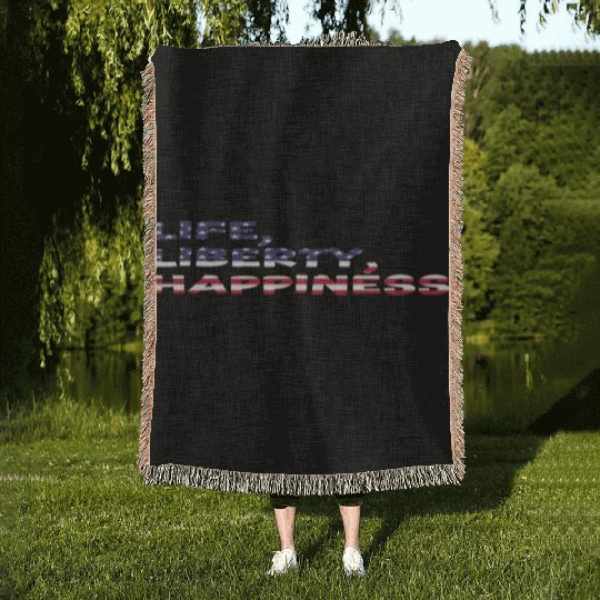 Life, Liberty, Happiness American Flag Font Woven Blankets