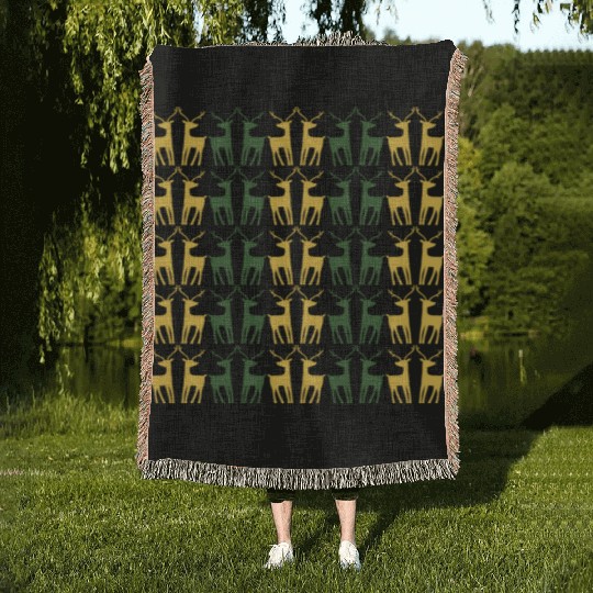 GOLD GREEN REINDEERS CREATIVE PATTERN Woven Blankets