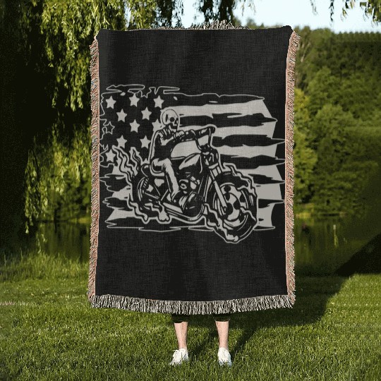 Flaming Skull American Biker © WhiteTigerLLC.Com Woven Blankets