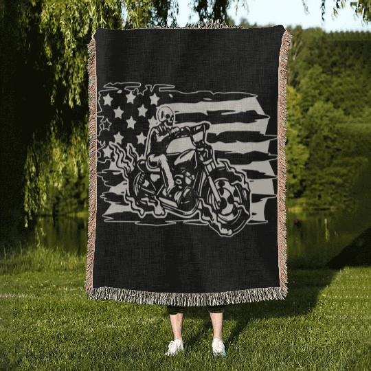 Flaming Skull American Biker © WhiteTigerLLC.Com Woven Blankets
