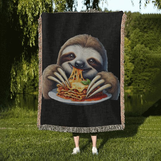 Sloth Loves Lasagna: Cartoon Delight Woven Blankets
