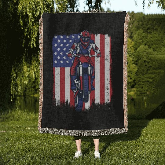 Motocross American Flag Motorcycle Racing Riders Woven Blankets