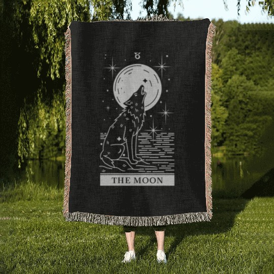 Tarot Card The Moon Wolf Howling Woven Blankets