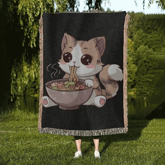 Kawaii Cat Eating Ramen Woven Blankets