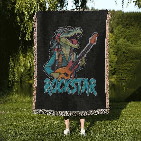 Rockstar Reptile Musician with Electric Guitar Woven Blankets