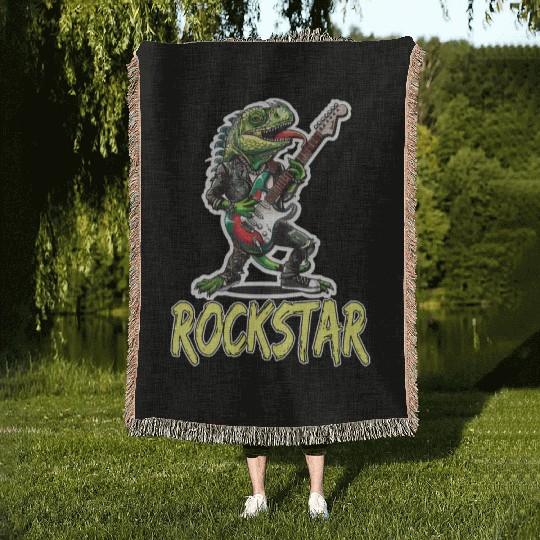 Rockstar Reptile Musician with Electric Guitar Woven Blankets