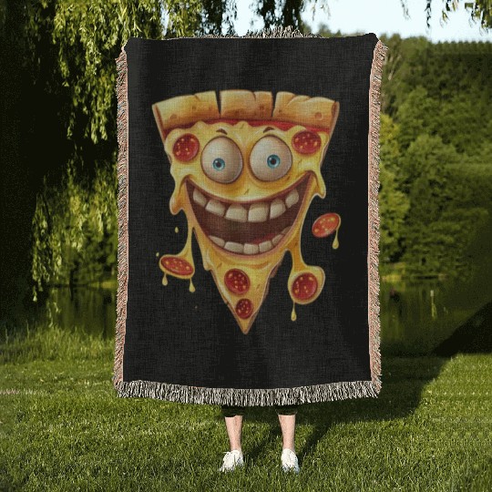 Happy Pepperoni Pizza Slice Woven Blankets