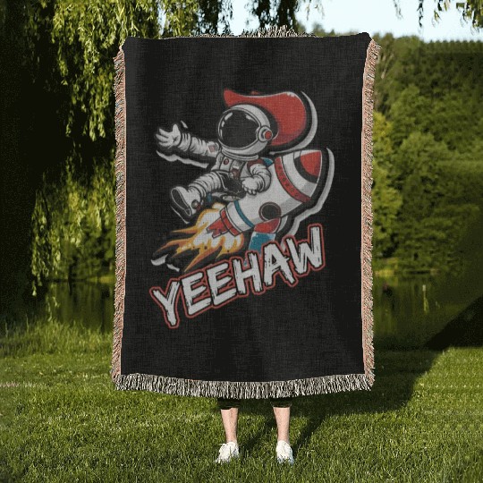 Space Cowboy Riding a Rocket with Yeehaw Slogan Woven Blankets