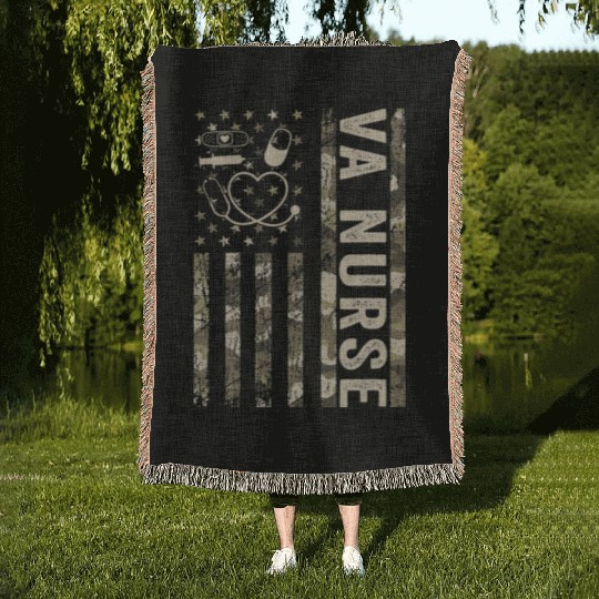 VA Nurse Camouflage Patriotic US Flag Nurse Life Woven Blankets