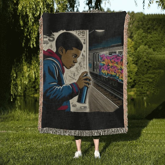 AI Teen in Underground Subway Layup -Masked Border Woven Blankets