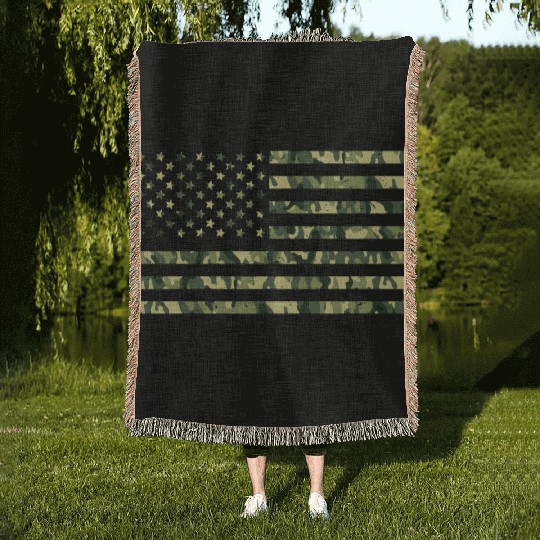 Camo American Flag USA Camouflage Men Boys Women Woven Blankets