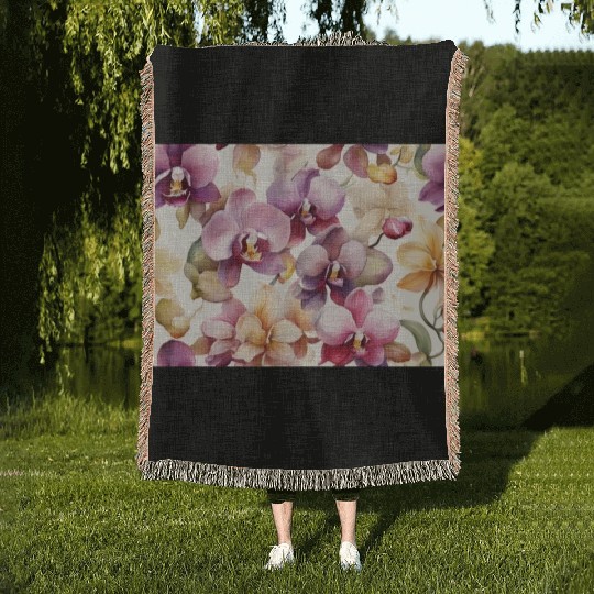 Sweet Watercolor Orchid Art Woven Blankets