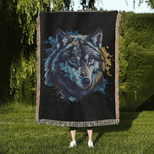 Alpha Wolf Paint Splash Woven Blankets