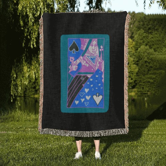 Teal Queen Of Spades Modern Art Playing Card Woven Blankets