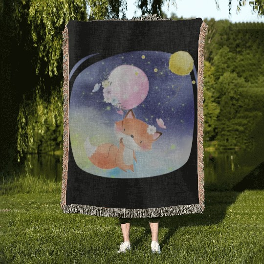 Funny Happy Fox Flying to Sky Using Balloon Woven Blankets