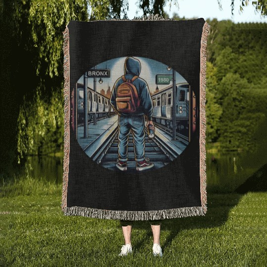 AI Teen in Outdoor Subway Yard - Circle Border Woven Blankets