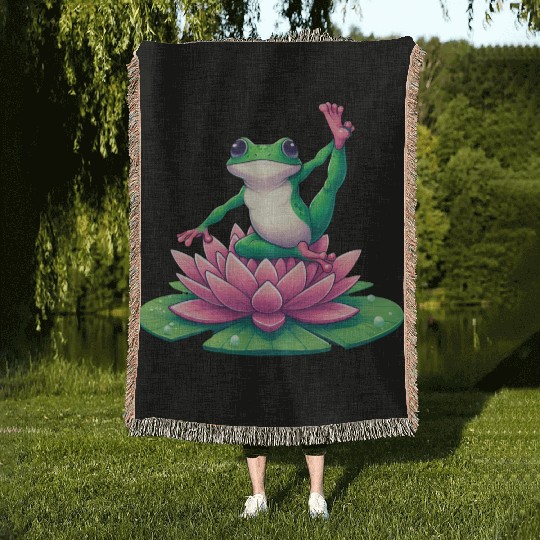 Frog Yoga Meditation on Water Lily Woven Blankets