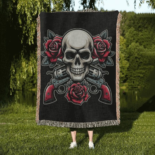 Skeleton Roses Guitar Roses Skull Guns Woven Blankets