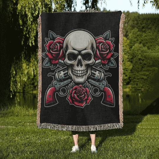 Skeleton Roses Guitar Roses Skull Guns Woven Blankets