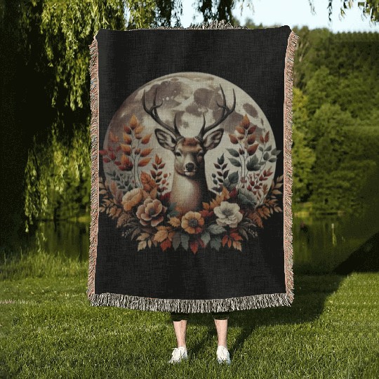 Cottagecore Deer With Flowers In front Of Moon Woven Blankets