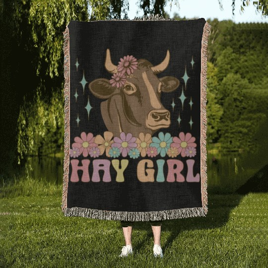 Hay Girl Groovy Cow Cattle Heifer Cowgirl Woven Blankets