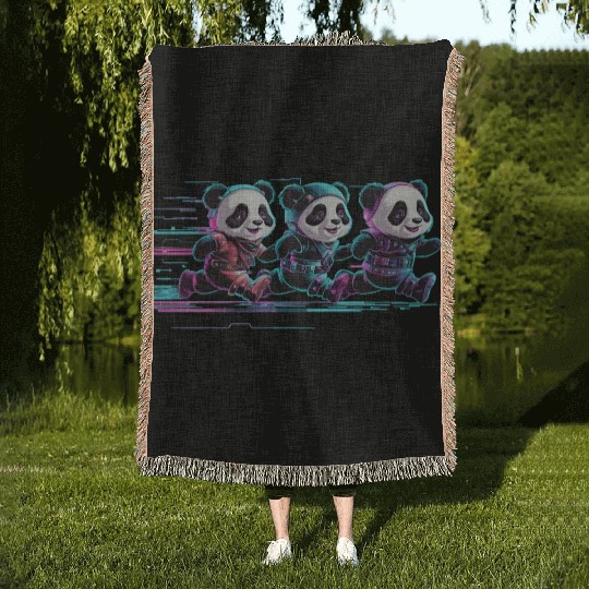 funny panda running with a joyful Woven Blankets