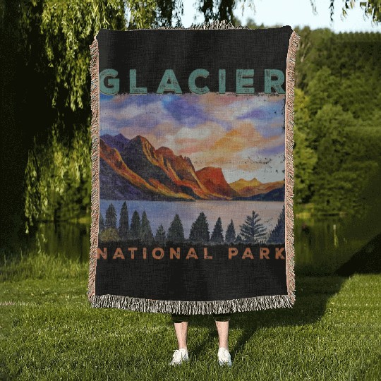 Glacier National Park Retro US Montana Parks Woven Blankets