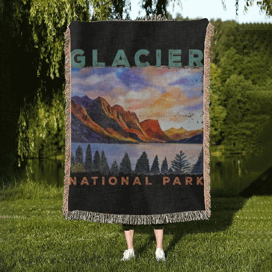 Glacier National Park Retro US Montana Parks Woven Blankets