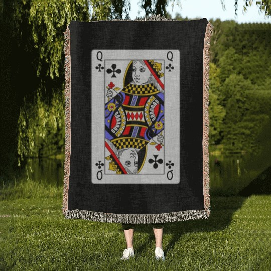 Queen of Clubs Playing Card Woven Blankets