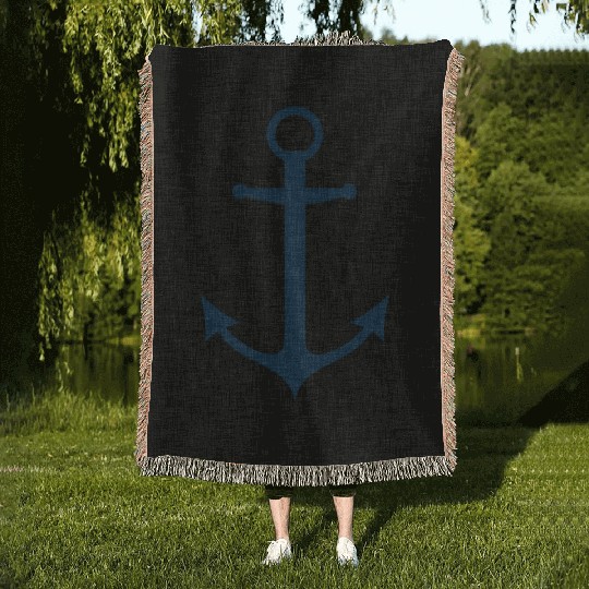 Navy Blue Sailing Boat Anchor Woven Blankets