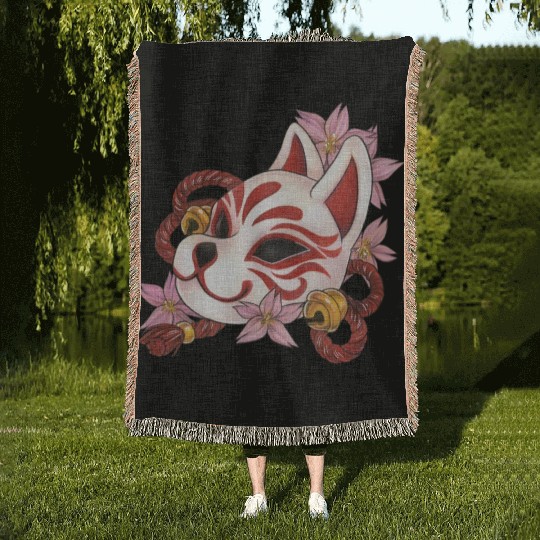 Great Kitsune Inari Kabuki mask with cherry blosso Woven Blankets