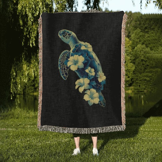Nature Inspired Floral Sea Turtle with Tropical Fl Woven Blankets