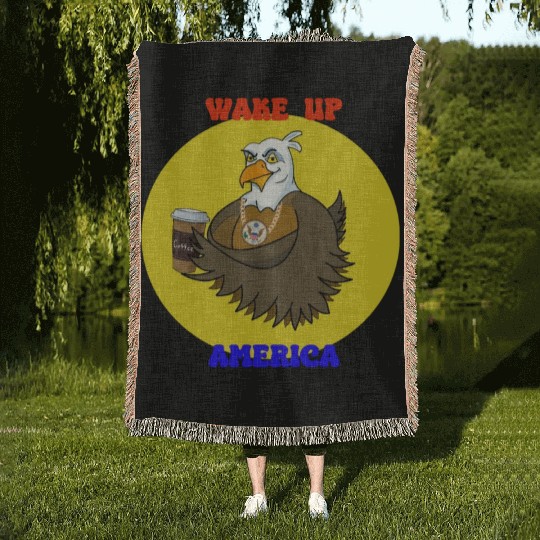 Wake Up America - Bald Eagle Drinking Coffee Woven Blankets