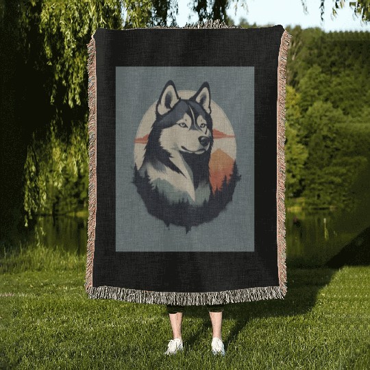 Husky Dog 2 - Japanese Old Vintage Woven Blankets