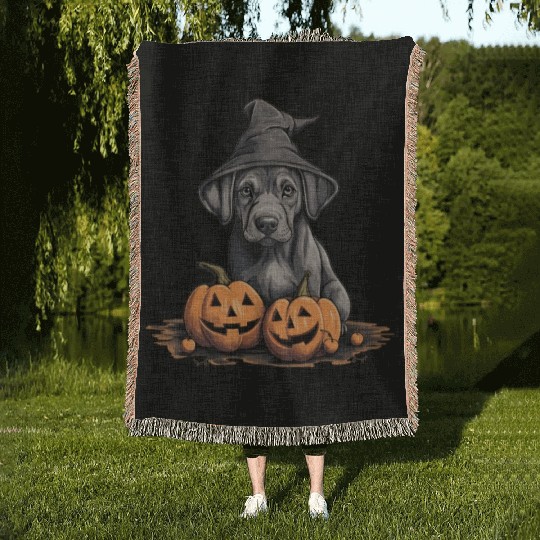 Halloween Witch Hat Pumpkin Dog Great Dane Woven Blankets