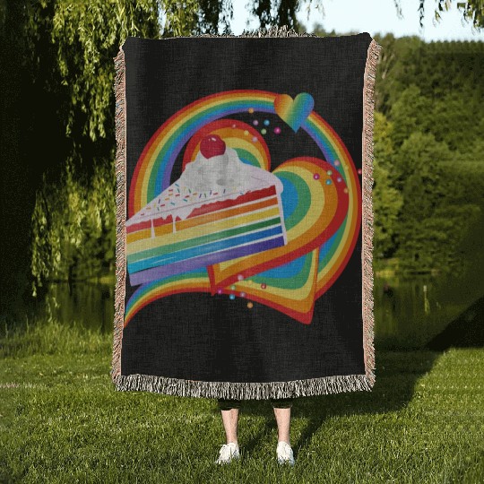 Piece of rainbow cake with cream and cherry Woven Blankets