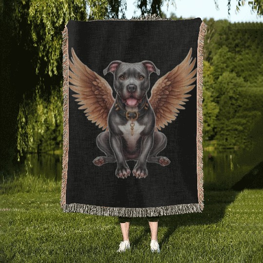 Pitbull Angel with Wings Dog in Heaven Woven Blankets