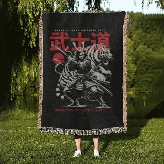 Japanese Samurai with Katana, Kanji Typography Woven Blankets
