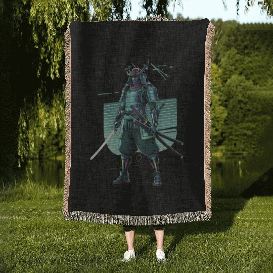 Cyber Samurai 2110: Glowing Katana Warrior Woven Blankets