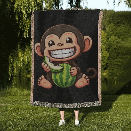 Monkey chimpanzee melon watermelon honeydew melon Woven Blankets