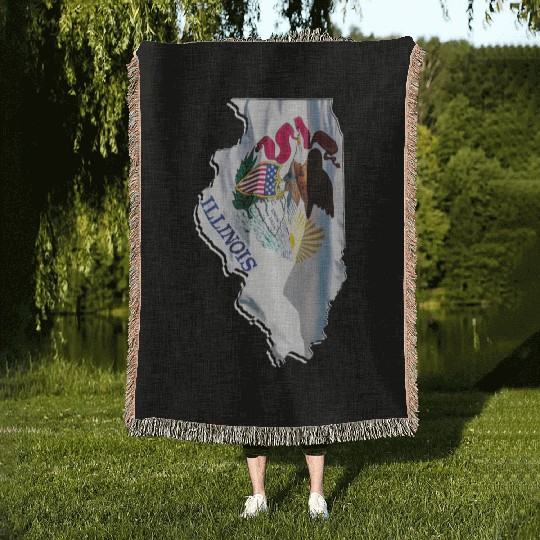 Illinois State Flag in Illinois State Map Woven Blankets