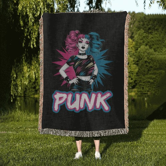 Punk girl with pink and blue hair retro style for Woven Blankets