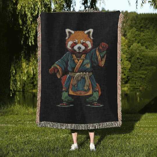 Red panda karate fighting style Woven Blankets