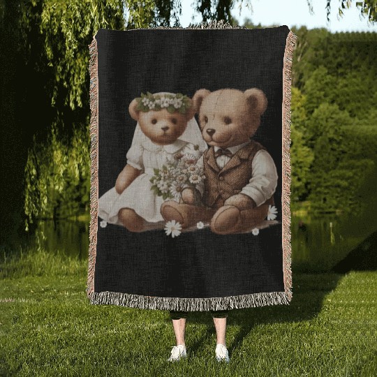 Vintage wedding: teddy bear bride and groom Woven Blankets