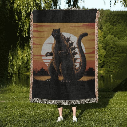 Catzilla Cat Japanese Art Funny Cat Gifts Woven Blankets