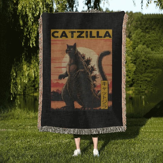 Catzilla Vintage Funny Cute Cat Art Japanese Sunse Woven Blankets