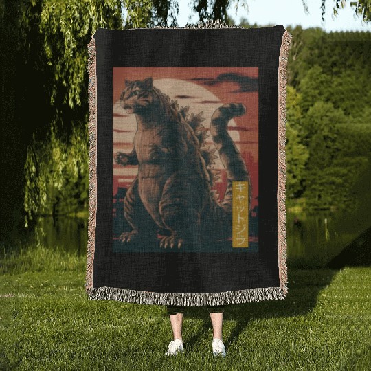 Funny Cute Cat Art Japanese Sunset Retro Catzilla Woven Blankets