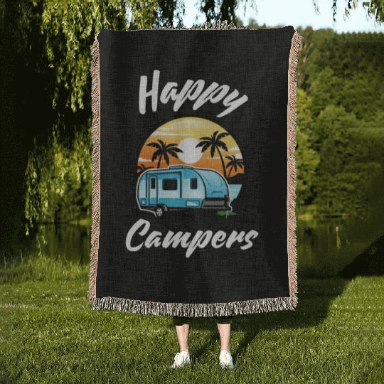 Funny Camping Hiking Lover Present Happy Camper Woven Blankets